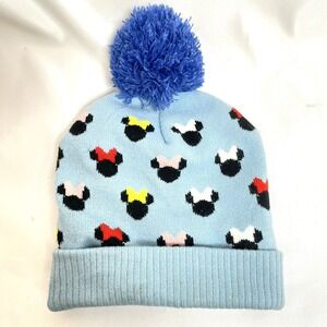 Disney Junior Minnie Mouse Toddler Knit Hat S ‎ 2T-5T Blue Beanie Pompom Tassel.